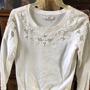 Loft sweatshirt with eyelet applique across front yoke, sleeves, size S
